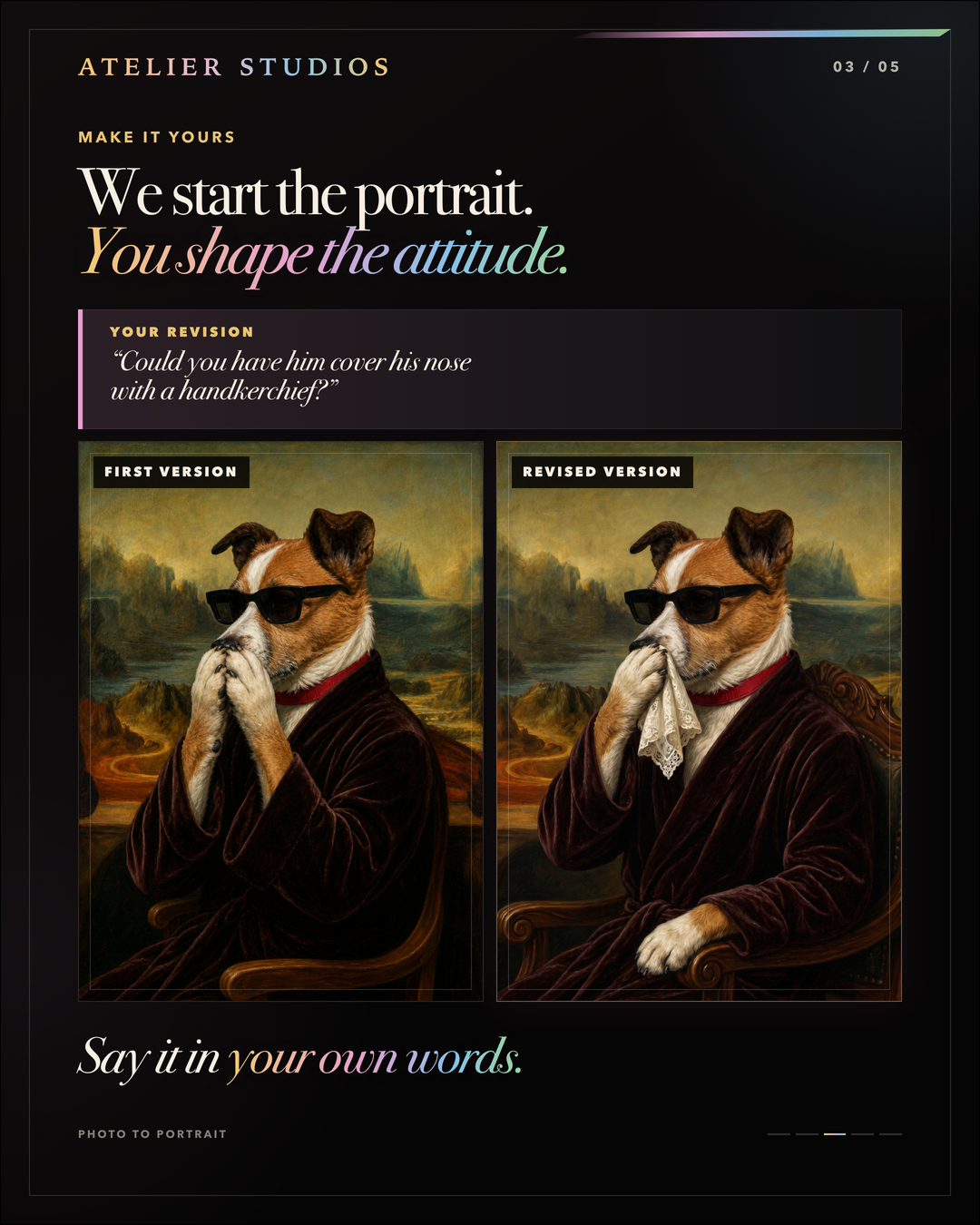 Atelier Studios case study card showing Sparky’s first and revised portrait versions after a plain-language adjustment request.