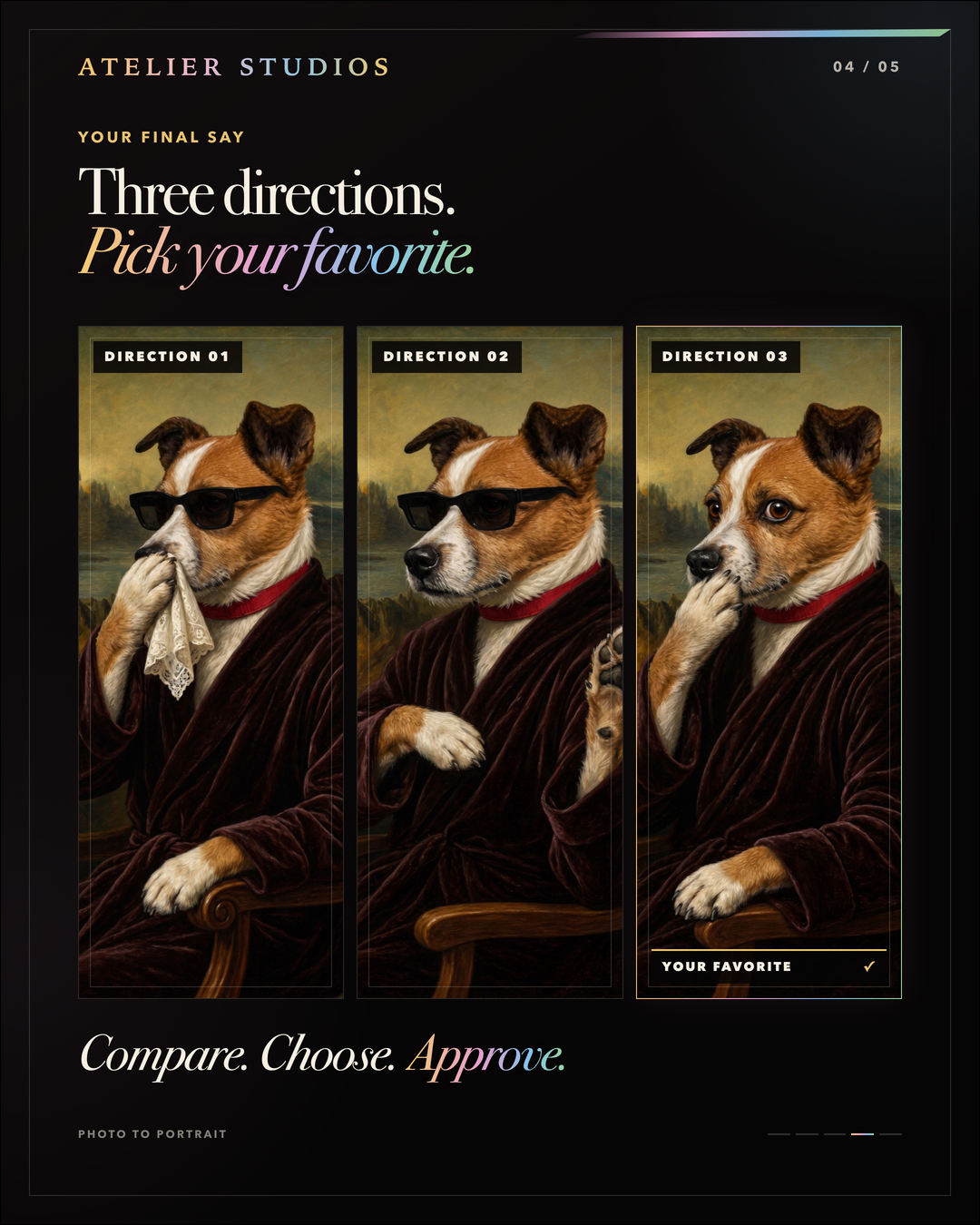 Atelier Studios case study card comparing three Sparky portrait directions with the third selected as the favorite.
